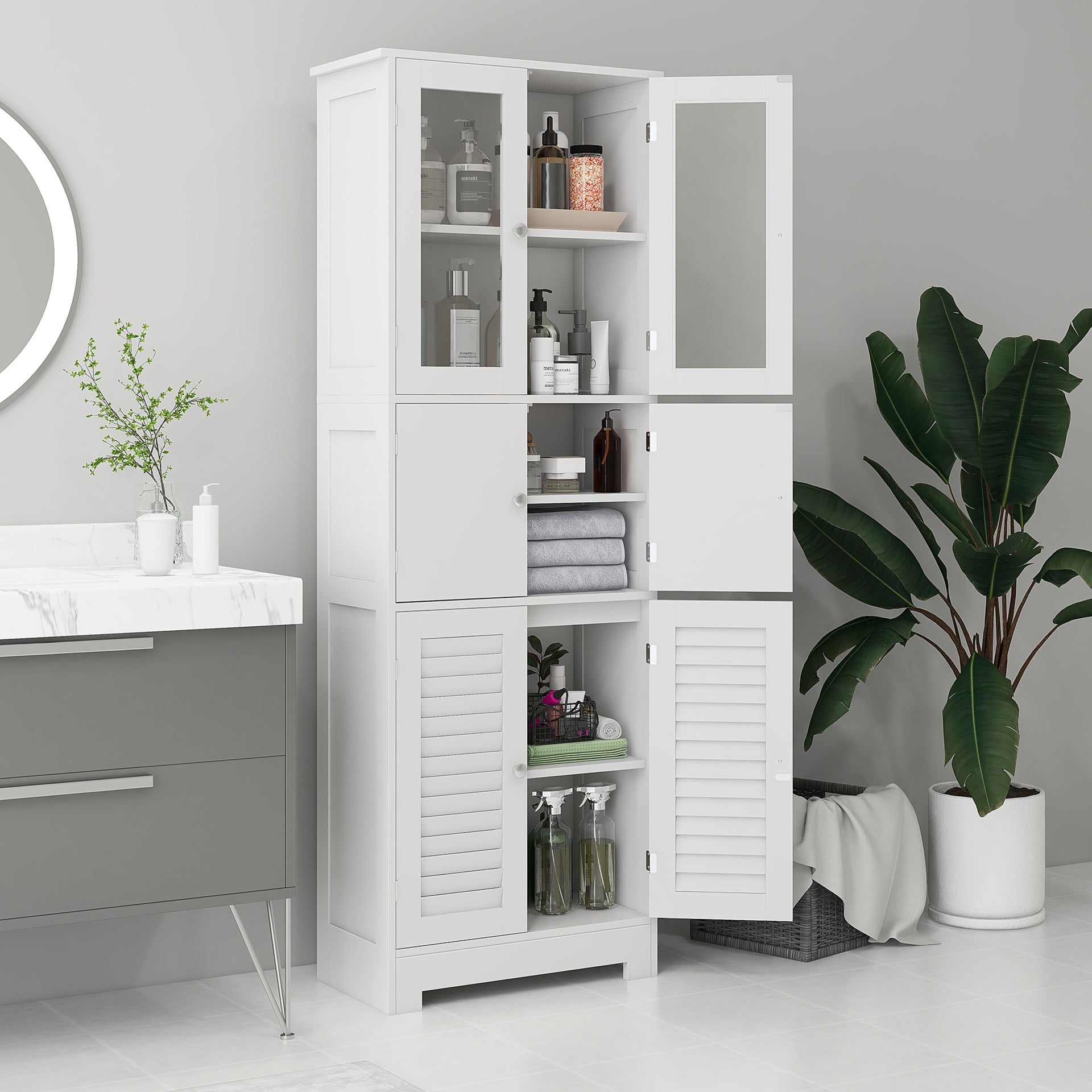 HOMCOM Freestanding Bathroom Cabinet with Glass/Louvred Doors, Tall Bathroom Storage Cabinet with Adjustable Shelf, White