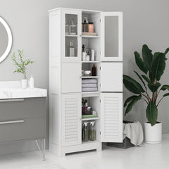 HOMCOM Freestanding Bathroom Cabinet with Glass/Louvred Doors, Tall Bathroom Storage Cabinet with Adjustable Shelf, White