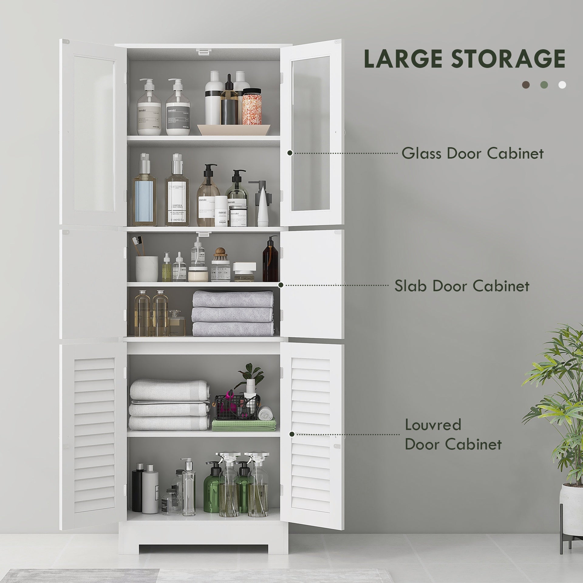 HOMCOM Freestanding Bathroom Cabinet with Glass/Louvred Doors, Tall Bathroom Storage Cabinet with Adjustable Shelf, White