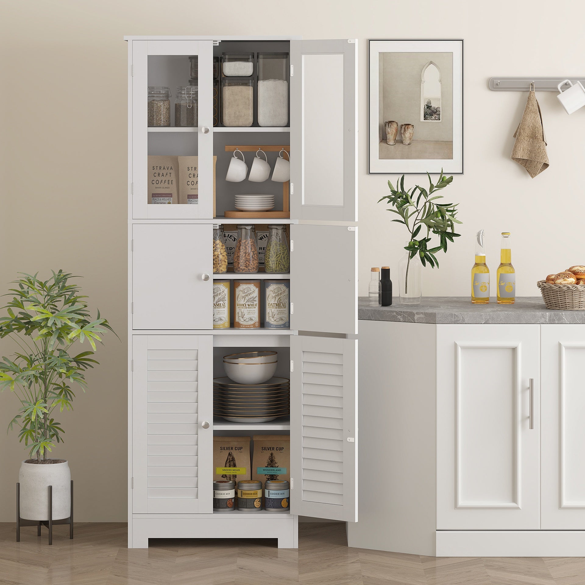 HOMCOM Freestanding Bathroom Cabinet with Glass/Louvred Doors, Tall Bathroom Storage Cabinet with Adjustable Shelf, White
