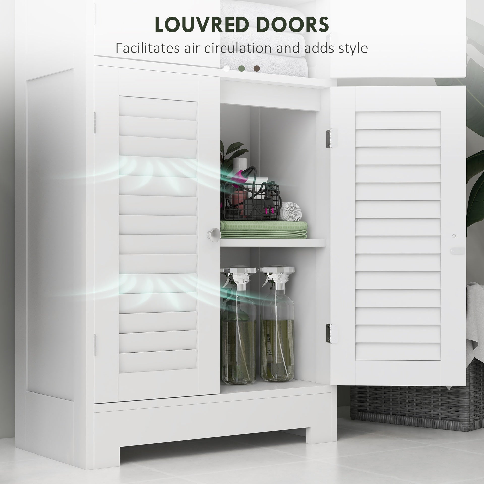 HOMCOM Freestanding Bathroom Cabinet with Glass/Louvred Doors, Tall Bathroom Storage Cabinet with Adjustable Shelf, White