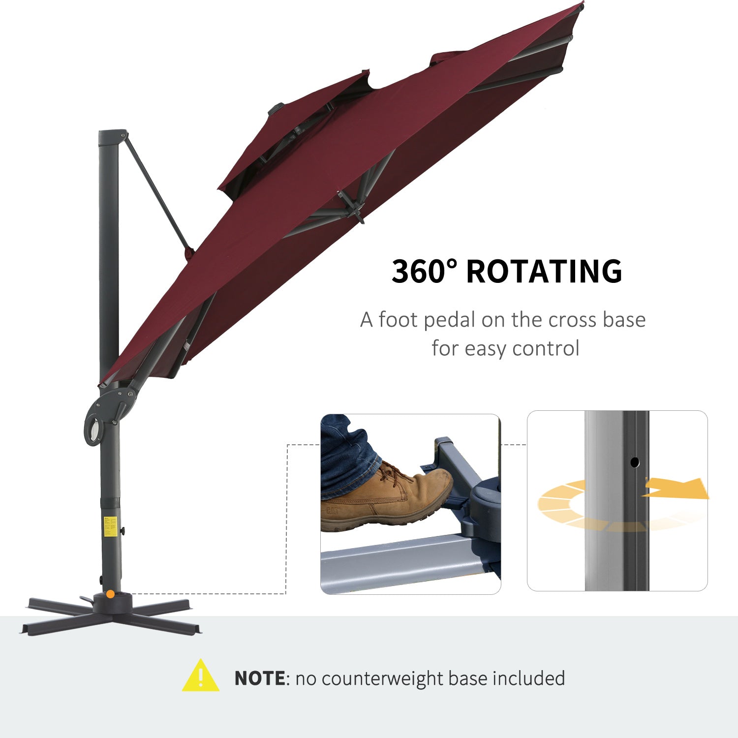 Outsunny 10ft Offset Patio Umbrella, Hanging Cantilever Umbrella, Square Shape, Aluminum Cross Base, Tilt, 360-Degree Rotation, Red