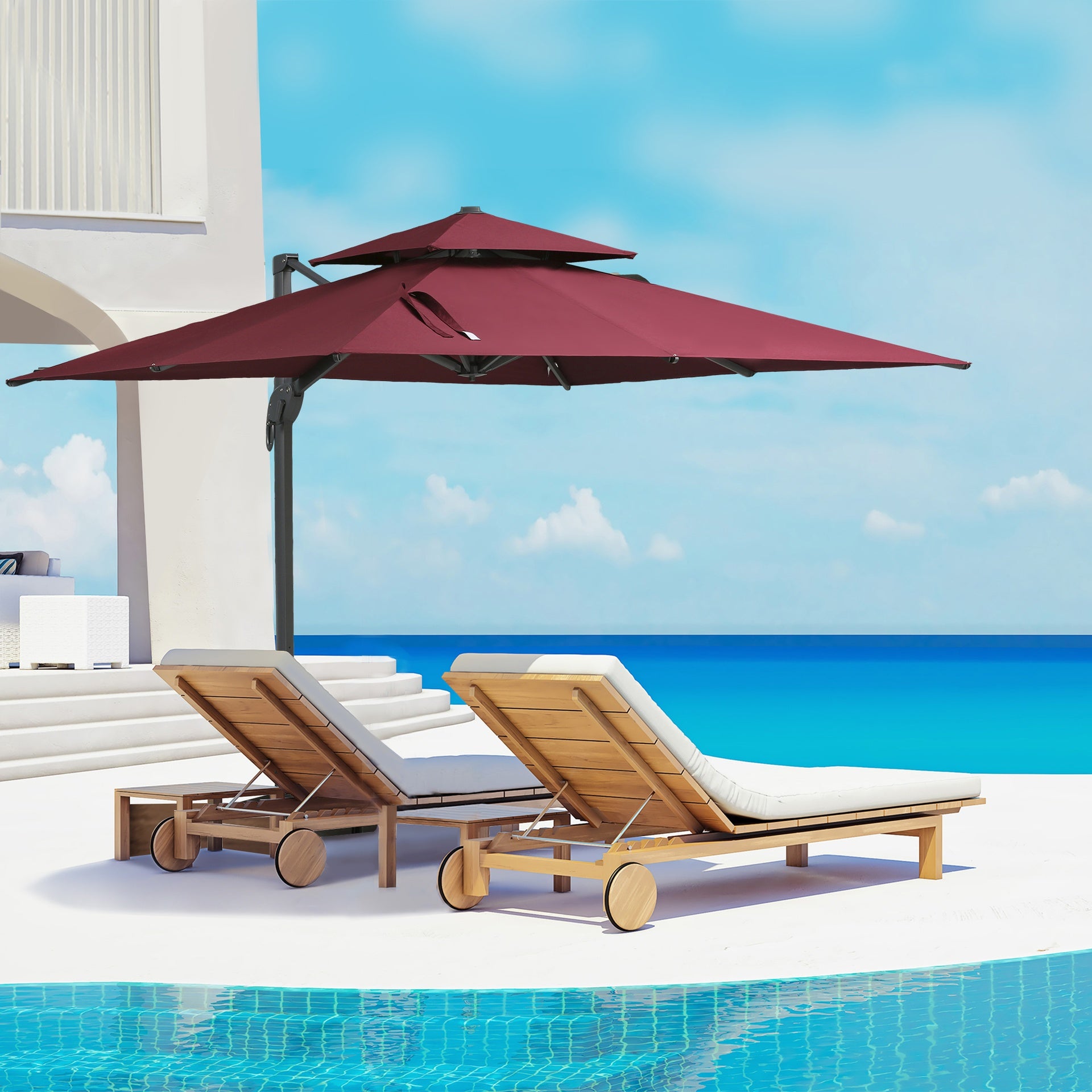 Outsunny 10ft Offset Patio Umbrella, Hanging Cantilever Umbrella, Square Shape, Aluminum Cross Base, Tilt, 360-Degree Rotation, Red