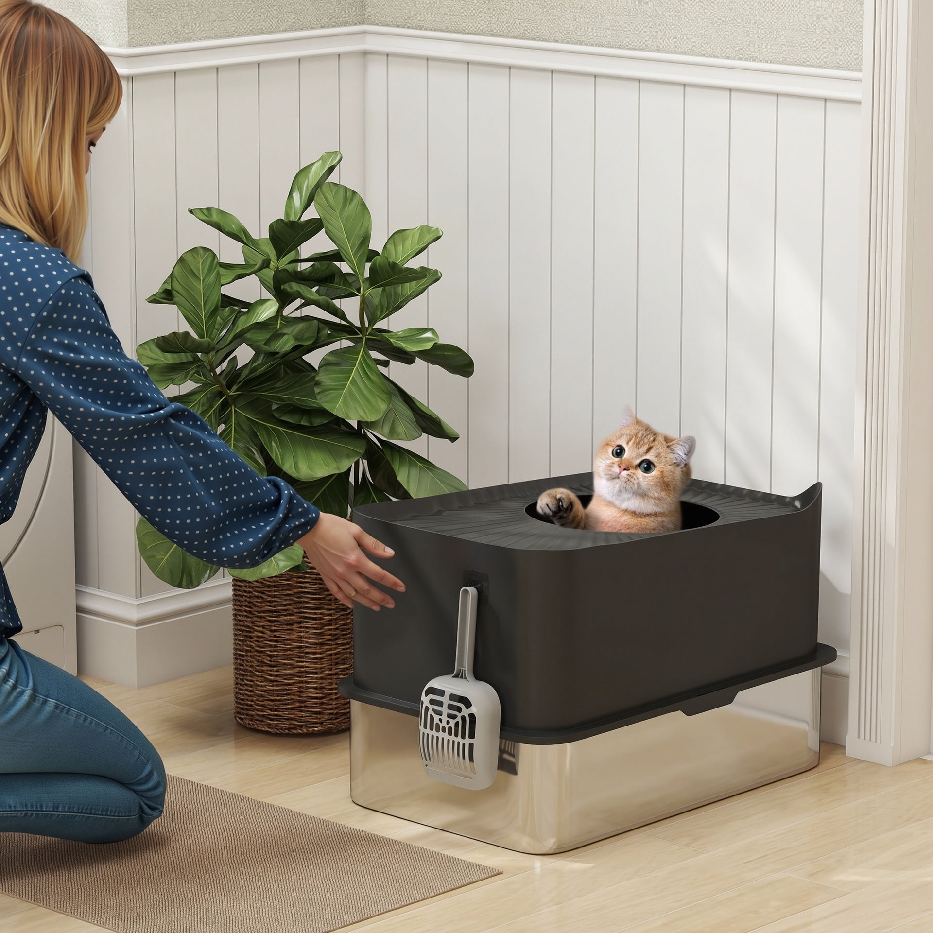 PawHut Extra Large Stainless Steel Litter Box, Enclosed Cat Litter Box with Scoop, Top Entrance, Non-slip Pads, Black
