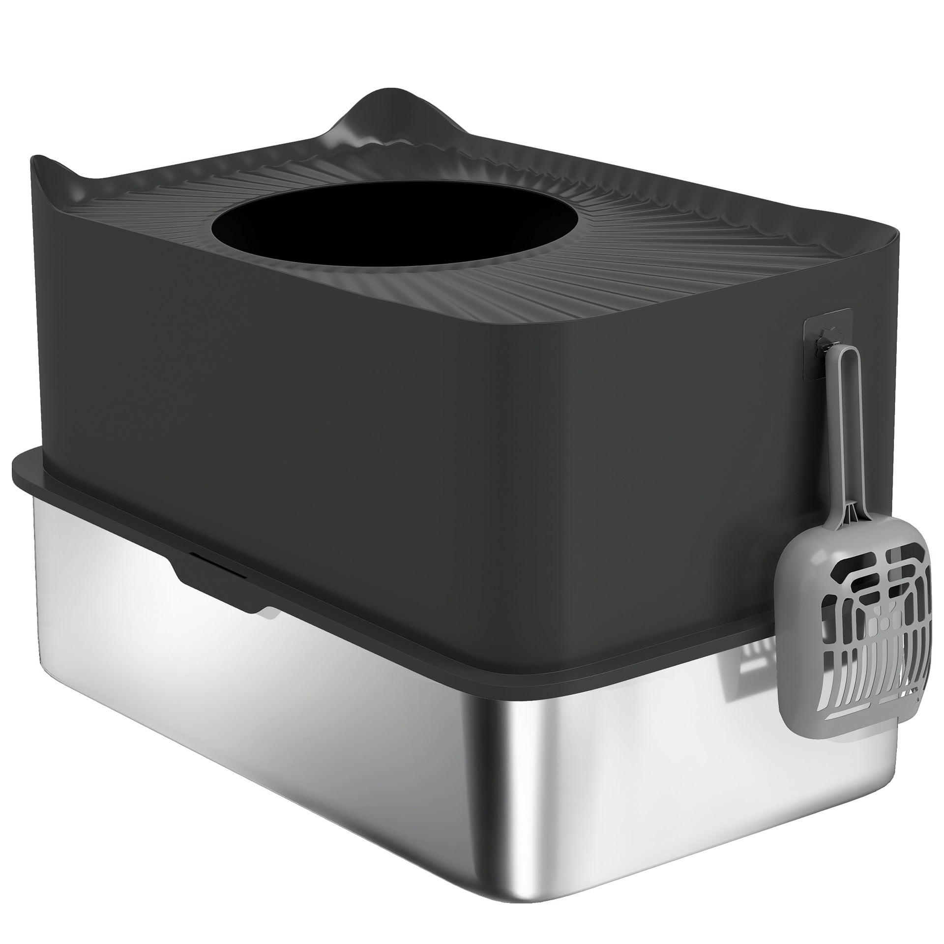PawHut Extra Large Stainless Steel Litter Box, Enclosed Cat Litter Box with Scoop, Top Entrance, Non-slip Pads, Black
