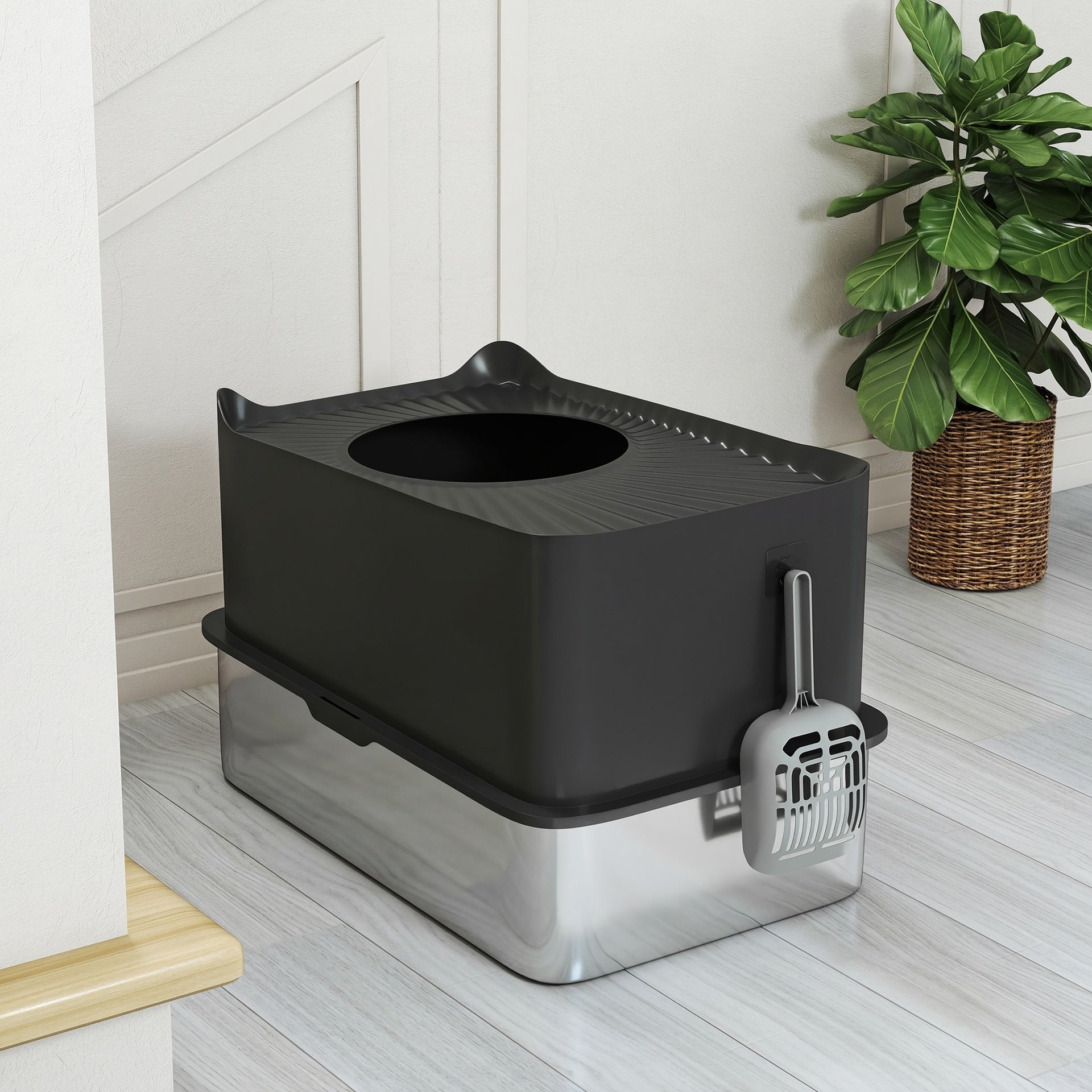 PawHut Extra Large Stainless Steel Litter Box, Enclosed Cat Litter Box with Scoop, Top Entrance, Non-slip Pads, Black