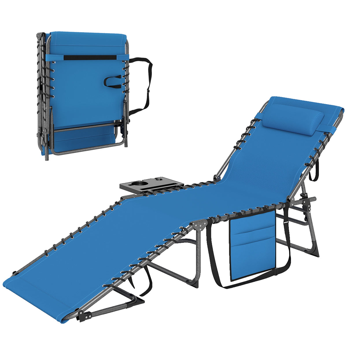 Outsunny Folding Outdoor Chaise Lounge Chair Tanning Chair with 5-Level Adjustable Back, Side Table, Pillow, Pocket, Blue