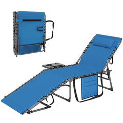 Outsunny Folding Outdoor Chaise Lounge Chair Tanning Chair with 5-Level Adjustable Back, Side Table, Pillow, Pocket, Blue