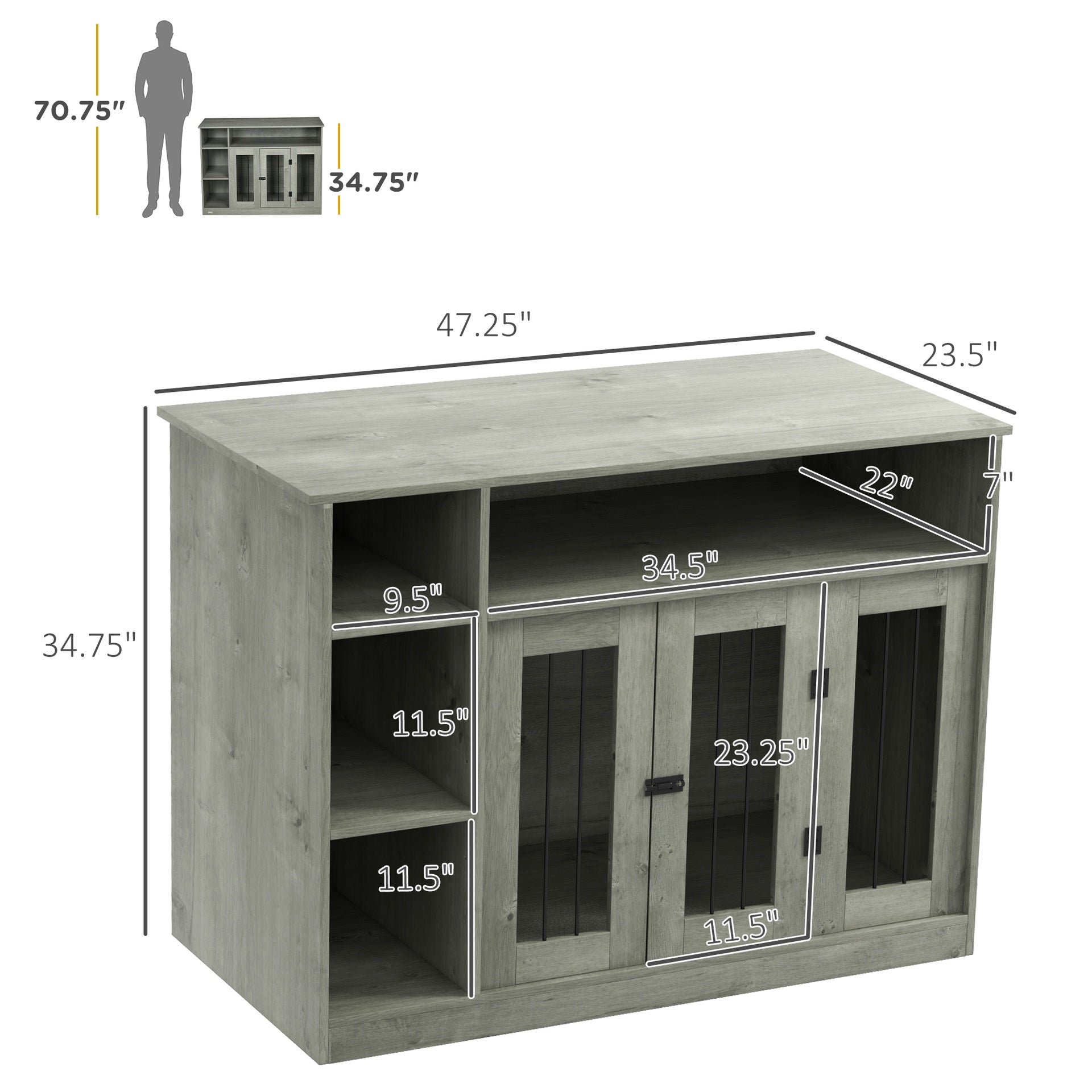 PawHut 47" Dog Crate Furniture with Storage, for Large Medium Dogs, Gray