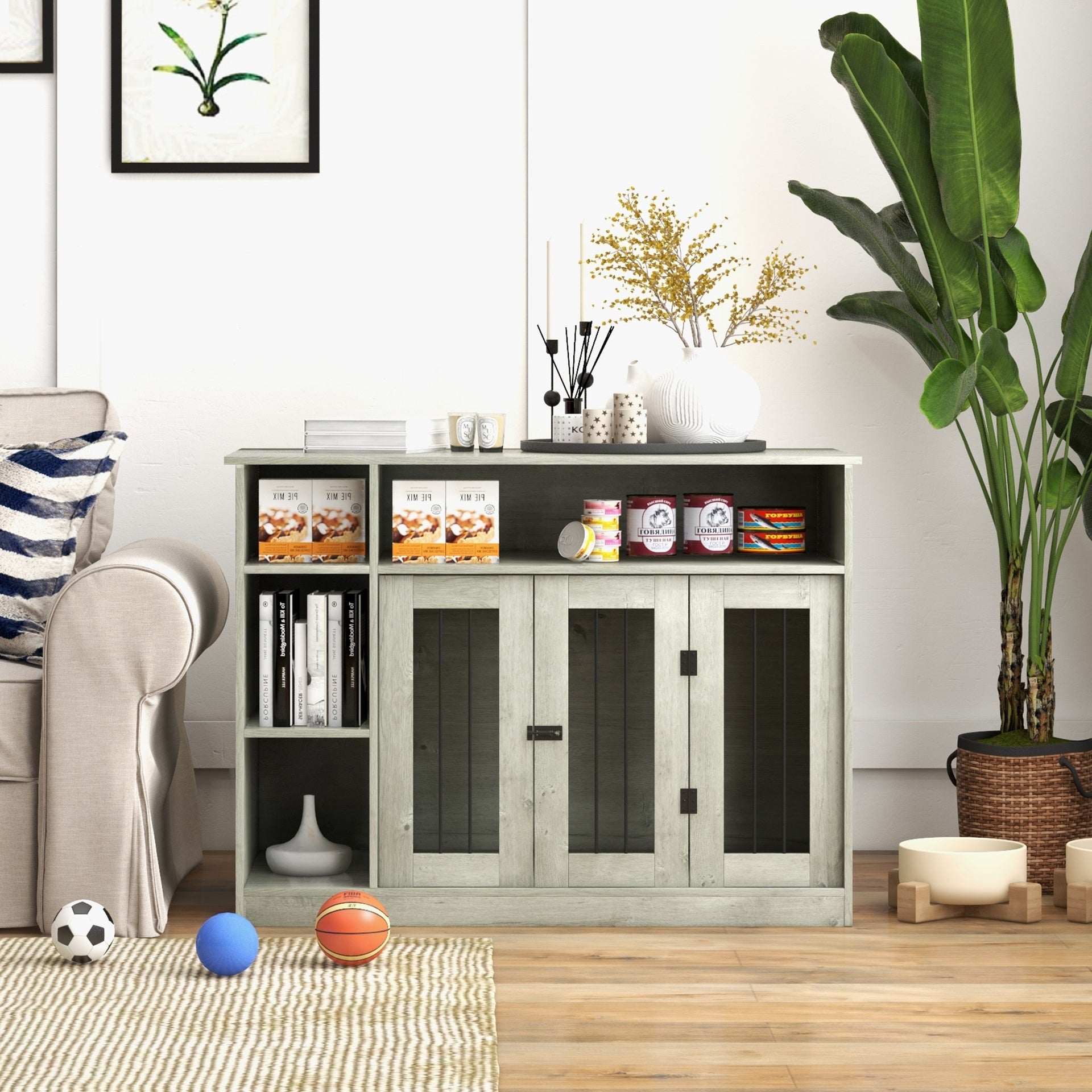 PawHut 47" Dog Crate Furniture with Storage, for Large Medium Dogs, Gray