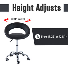 HOMCOM Crescent Rolling Salon Stool with Adjustable Height, Breathable Open Back, Foam Cushion Seat, and 5 Caster Wheels, Black