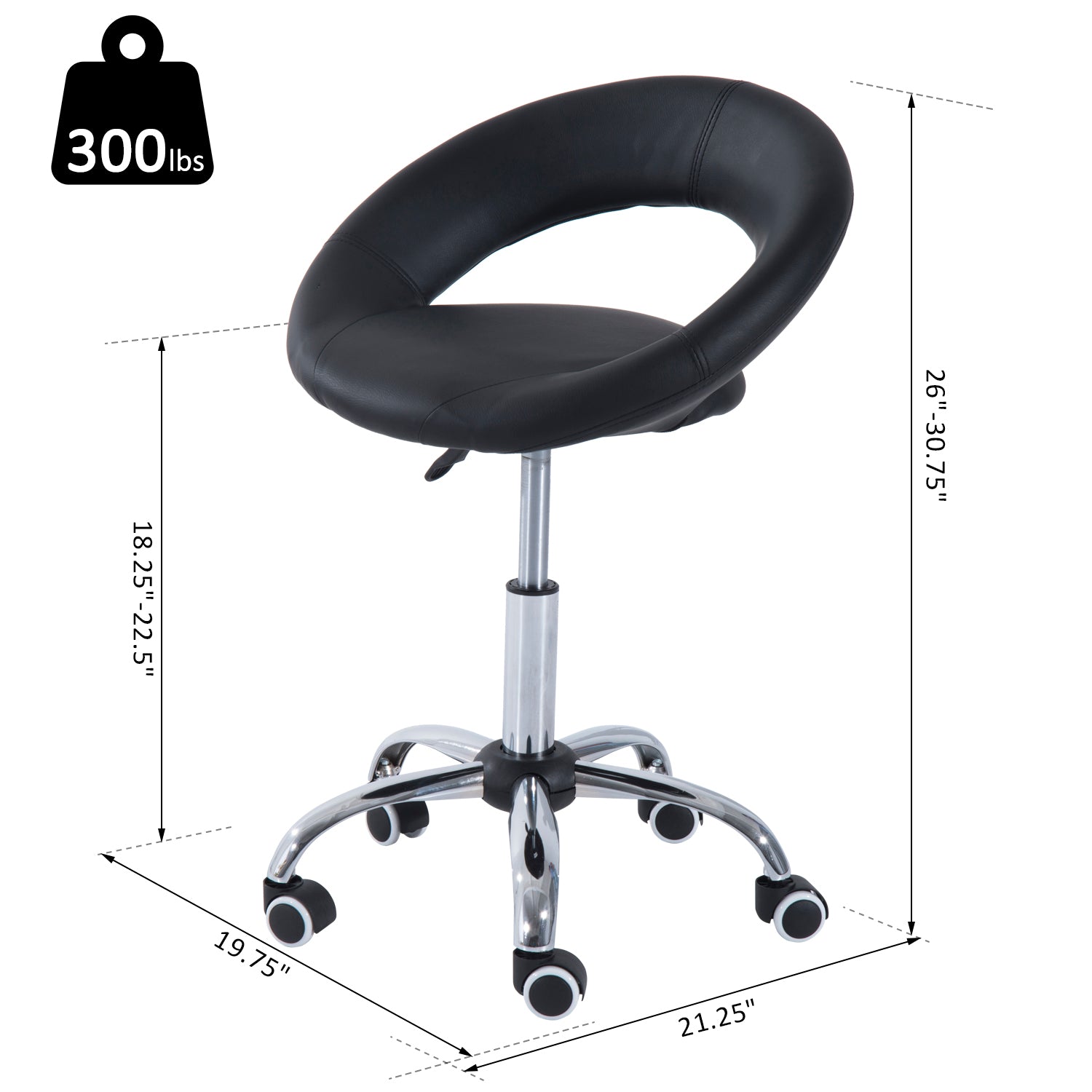 HOMCOM Crescent Rolling Salon Stool with Adjustable Height, Breathable Open Back, Foam Cushion Seat, and 5 Caster Wheels, Black