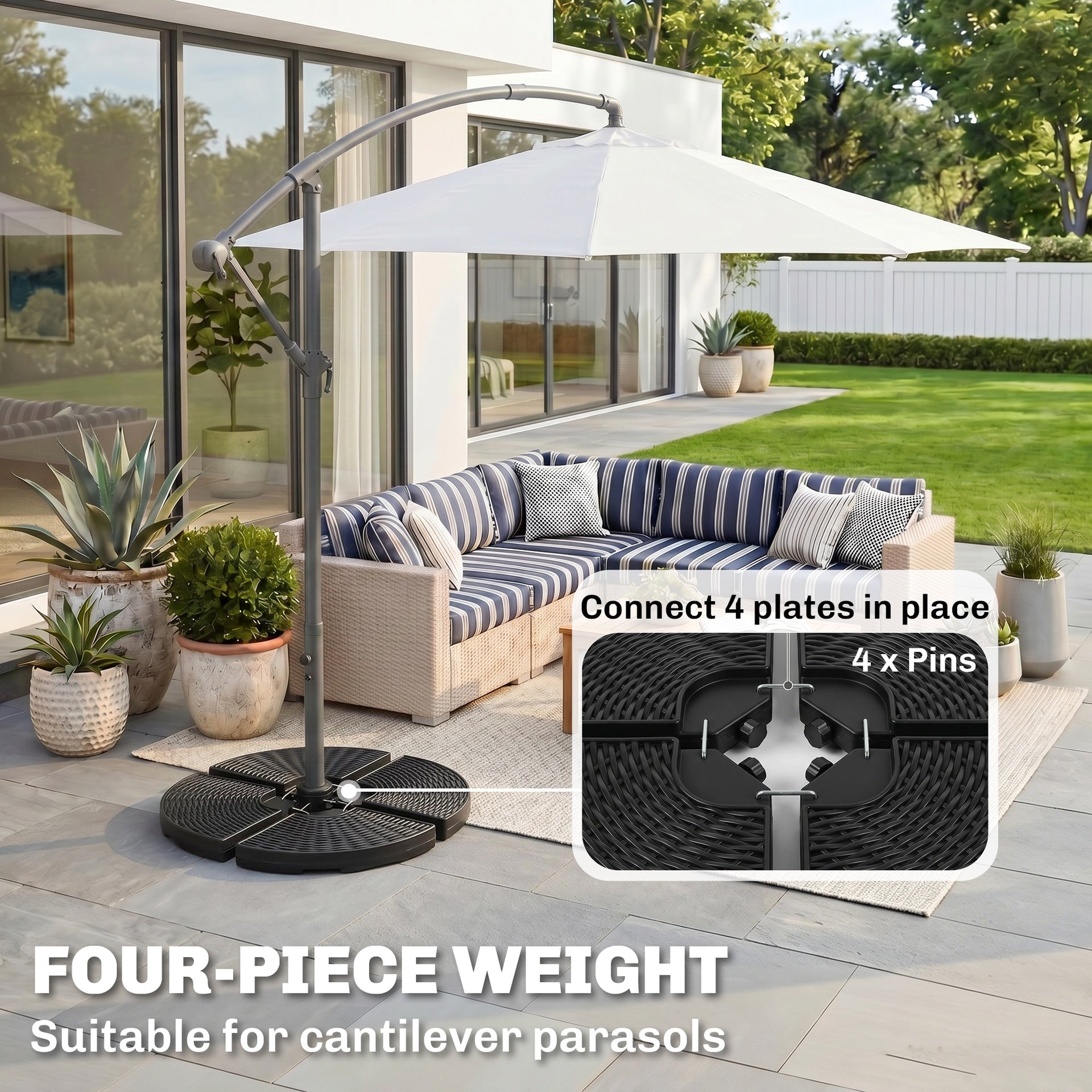 Outsunny HDPE Material Patio Umbrella Base Weights Sand Filled up to 150 Lb. for Any Offset Umbrella Base | 4-Piece, Water or Sand Filled, All-Weather, Black (Round)