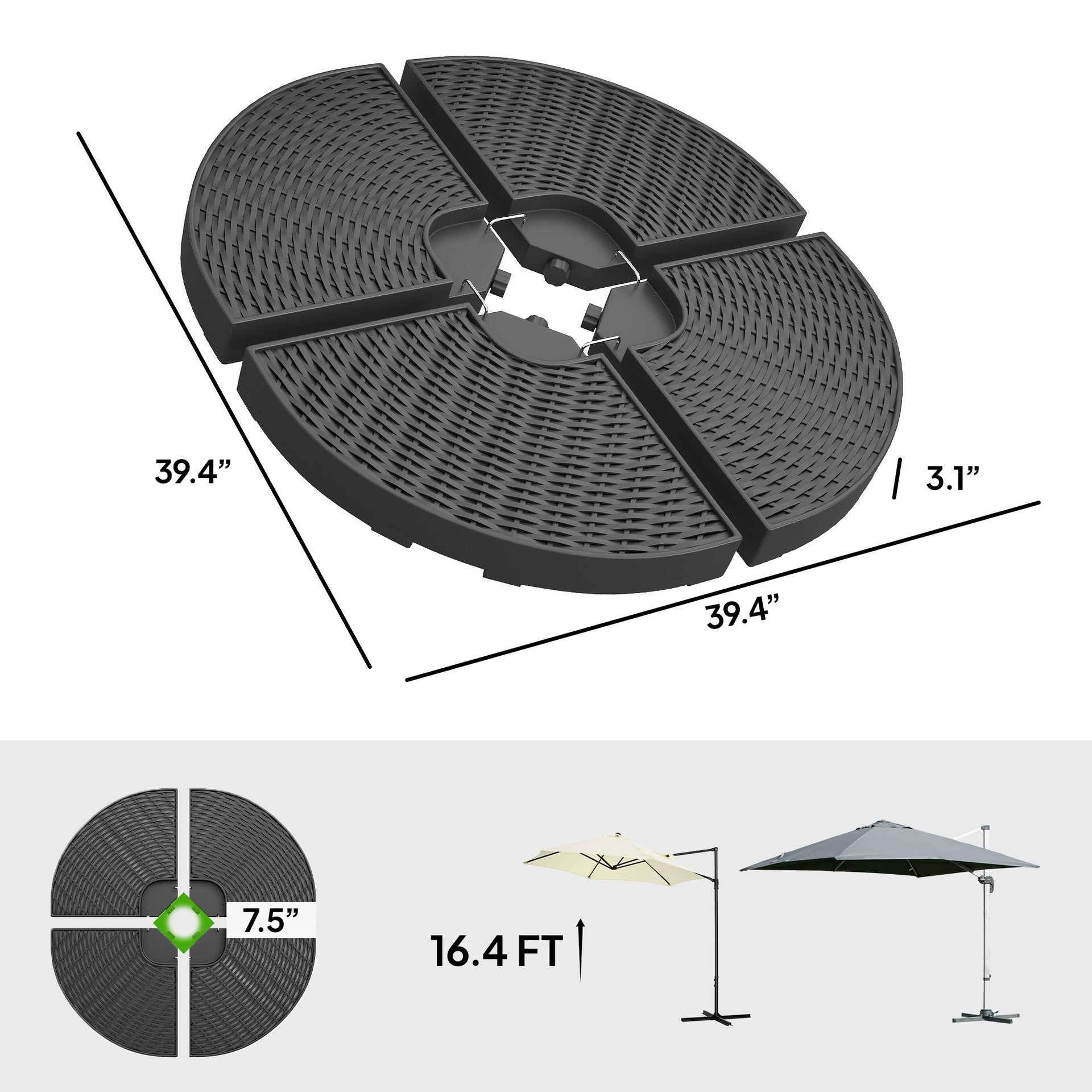Outsunny HDPE Material Patio Umbrella Base Weights Sand Filled up to 150 Lb. for Any Offset Umbrella Base | 4-Piece, Water or Sand Filled, All-Weather, Black (Round)