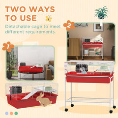PawHut Two-Story Small Animal Cage Removable from Stand, Pet Habitat with Shelf & Wheels, 33" x 18.5" x 35", Red