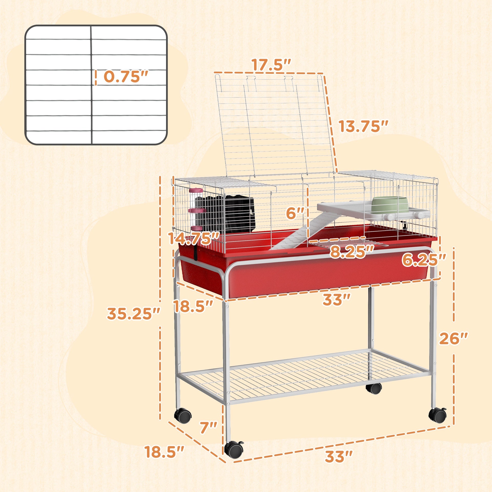PawHut Two-Story Small Animal Cage Removable from Stand, Pet Habitat with Shelf & Wheels, 33" x 18.5" x 35", Red