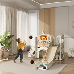 Qaba 7-in-1 Toddler Slide, Kids Slide for Ages 1-6 Years w/ Ring Toss, Basketball Hoop, Telescope Climber, Storage Space