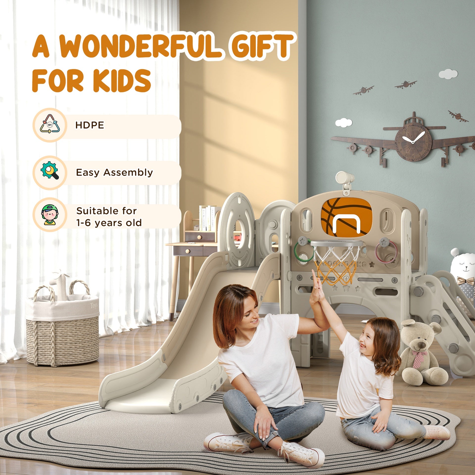 Qaba 7-in-1 Toddler Slide, Kids Slide for Ages 1-6 Years w/ Ring Toss, Basketball Hoop, Telescope Climber, Storage Space