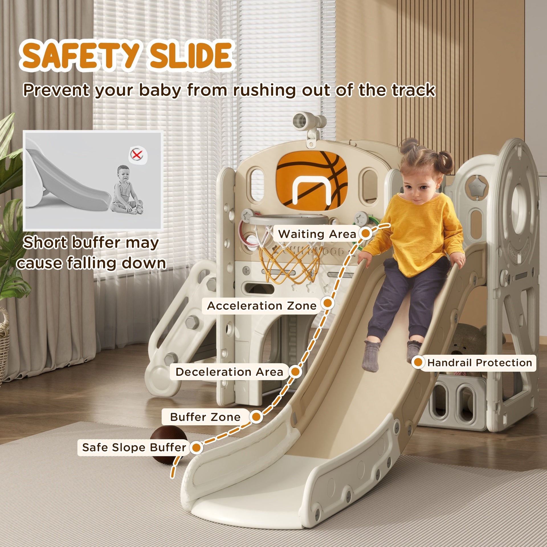 Qaba 7-in-1 Toddler Slide, Kids Slide for Ages 1-6 Years w/ Ring Toss, Basketball Hoop, Telescope Climber, Storage Space