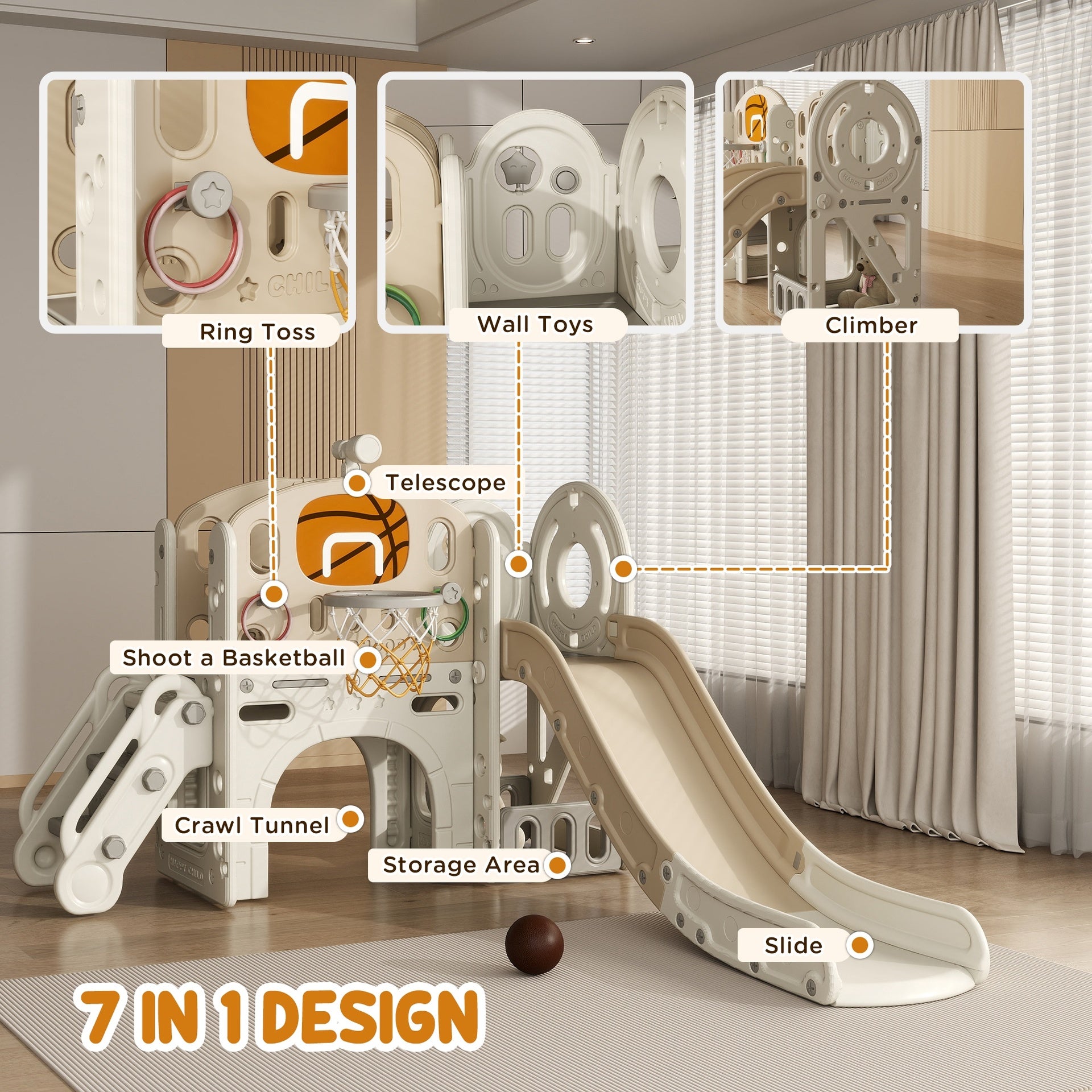 Qaba 7-in-1 Toddler Slide, Kids Slide for Ages 1-6 Years w/ Ring Toss, Basketball Hoop, Telescope Climber, Storage Space