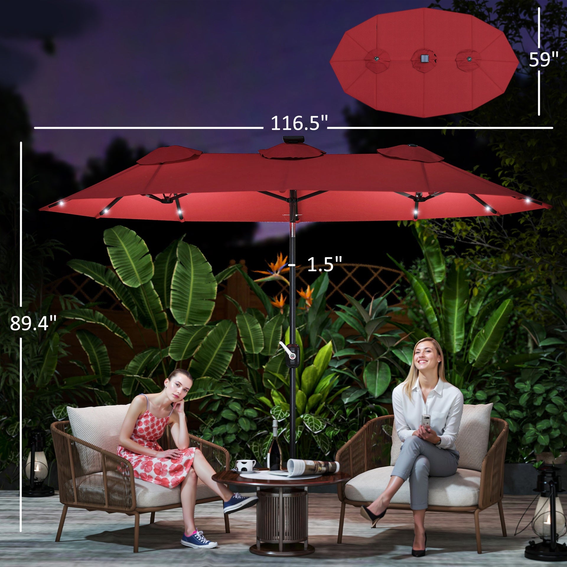 Outsunny Double-sided Patio Umbrella, 9.7' Outdoor Umbrella with Tilt and Crank, LED Solar Light and 12 Ribs, Wine Red