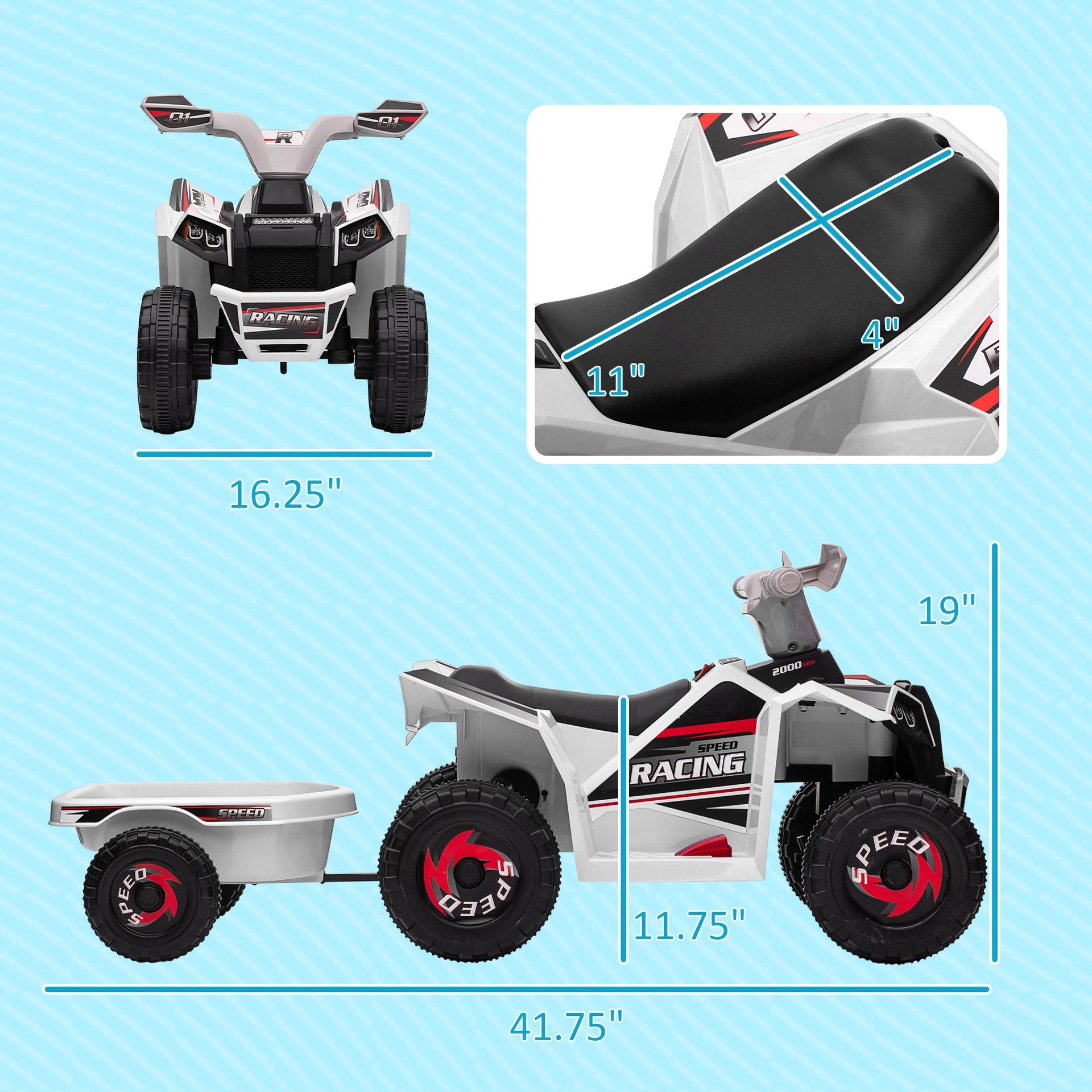 Aosom 6V Electric Toy Car with Back Trailer, Forward Backward, Wear-Resistant Wheels for Ages 18-36 Months, White