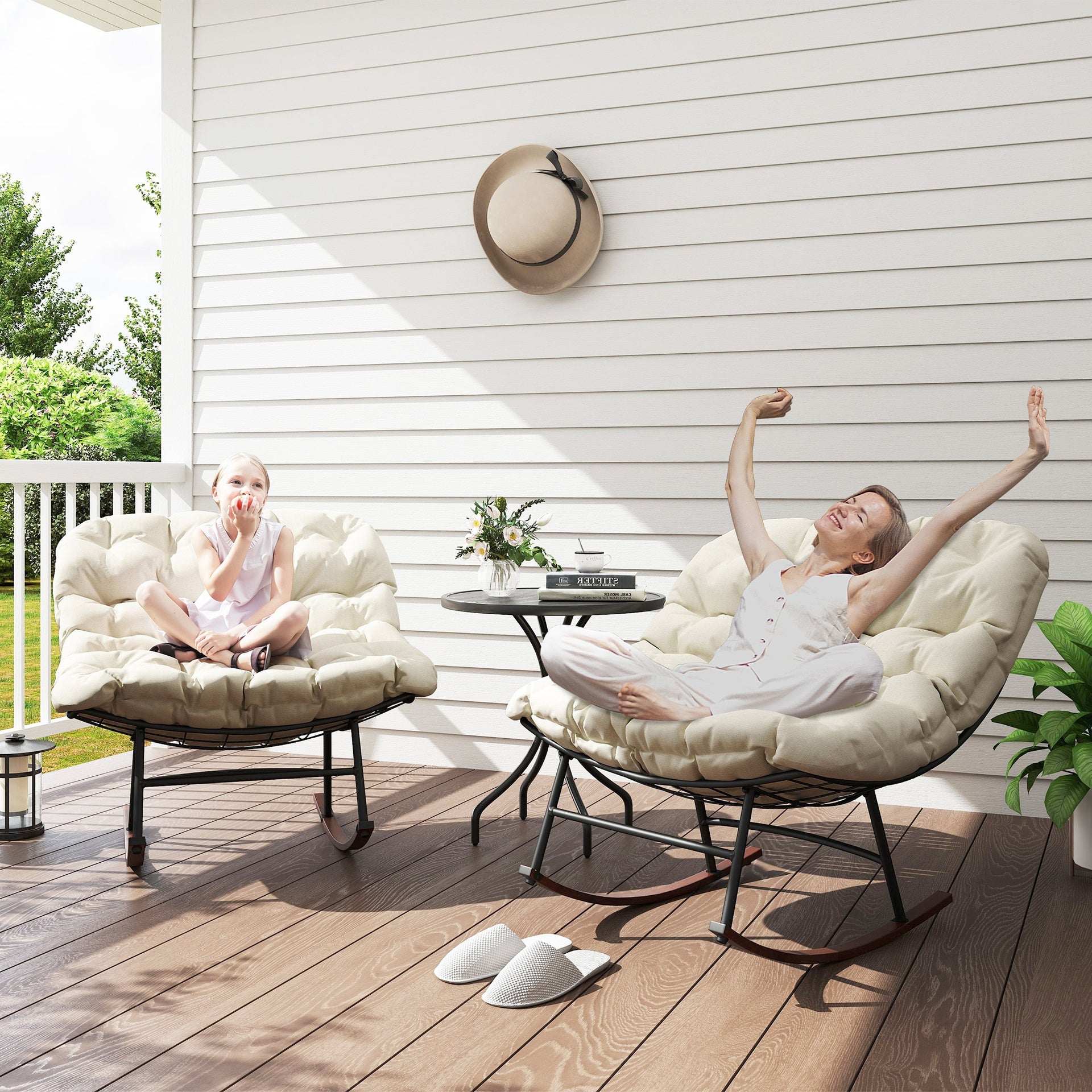 Outsunny Outdoor Rocking Chair Patio Set of 2, Oversized Rocking Papasan Chairs with Cushions for Garden Porch, 265 lbs., Beige