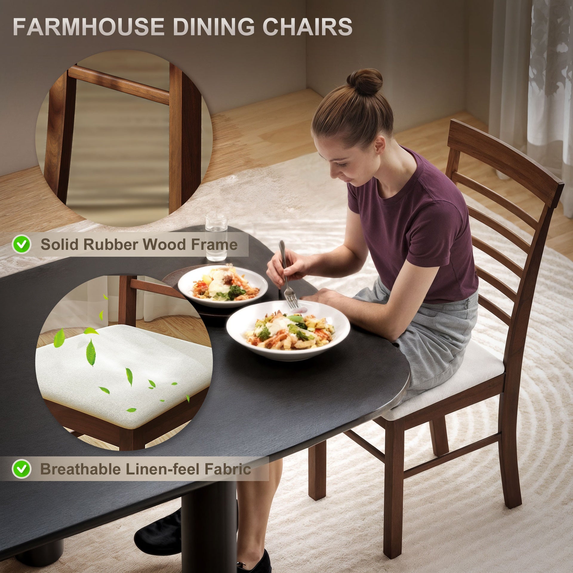 HOMCOM Wooden Dining Chairs Set of 2, Farmhouse Upholstered Kitchen Chairs with Rubber Wood Frame, Dark Brown and Beige
