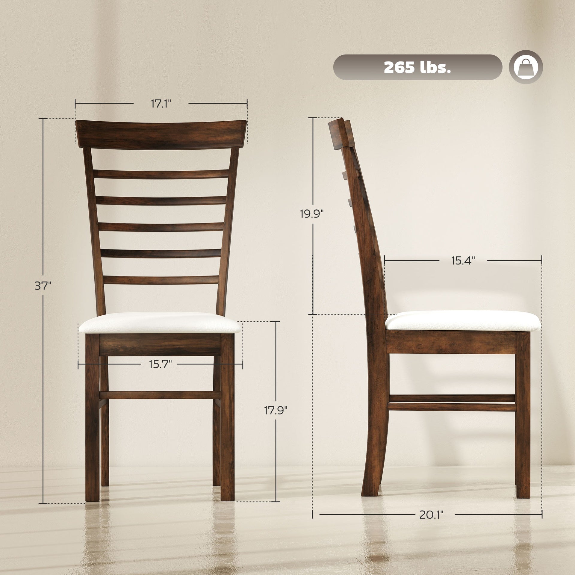 HOMCOM Wooden Dining Chairs Set of 2, Farmhouse Upholstered Kitchen Chairs with Rubber Wood Frame, Dark Brown and Beige