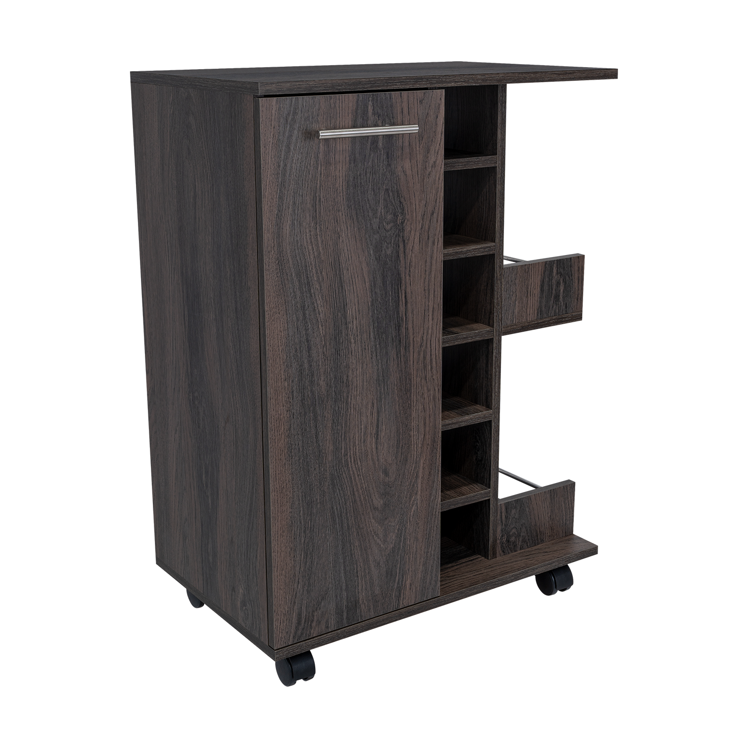 Bar Cart, Two External Shelves, Four Casters, Six Built-in Wine Rack, Single Door Cabinet -Espresso
