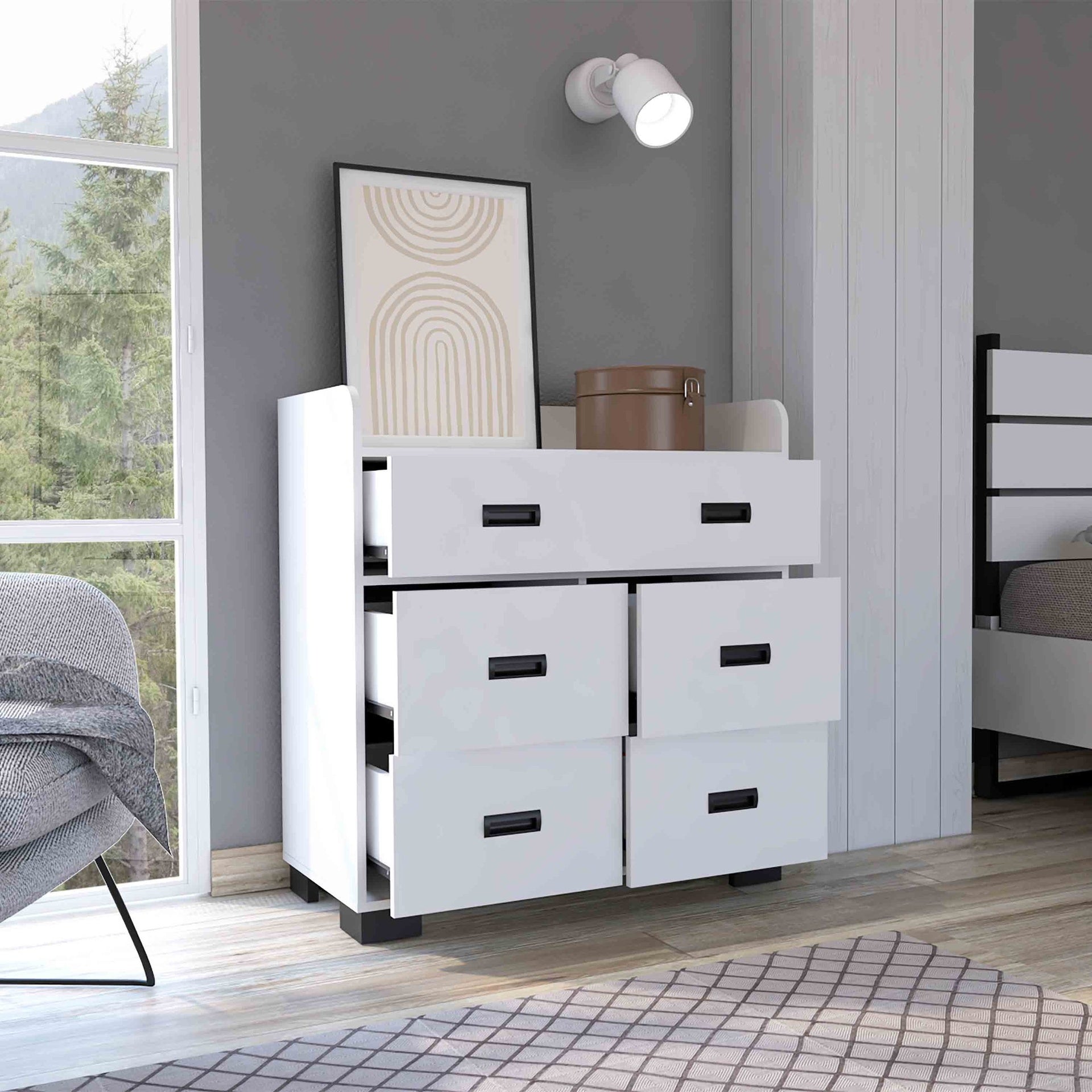 Alyn Dresser, Four Legs, Four Drawers, One Double Drawer, Superior Top -White