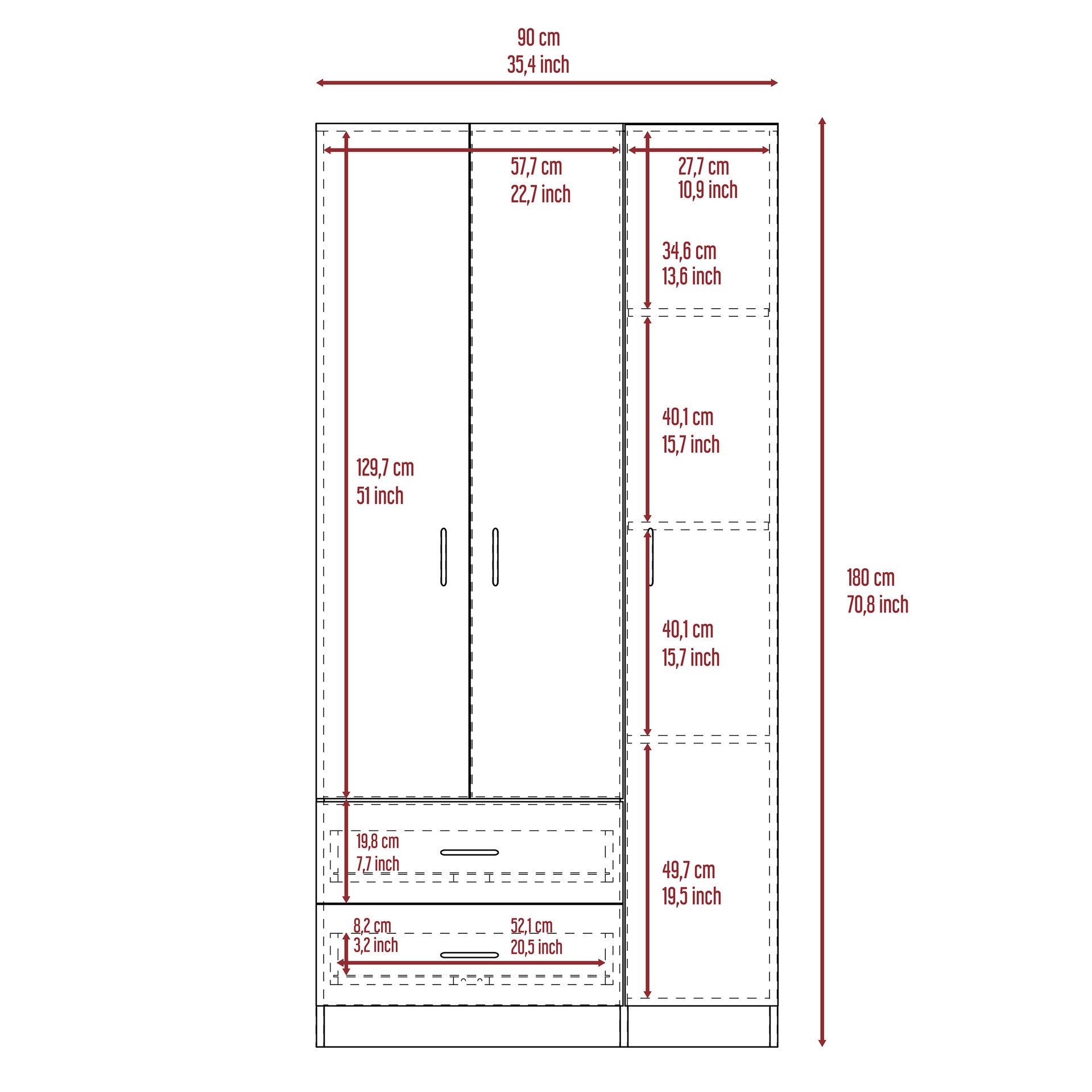 Austral 3 Door Armoire with Two Drawers, Shelves, and Hanging Rod - Smokey Oak . White
