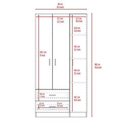 Austral 3 Door Armoire with Two Drawers, Shelves, and Hanging Rod - Smokey Oak . White