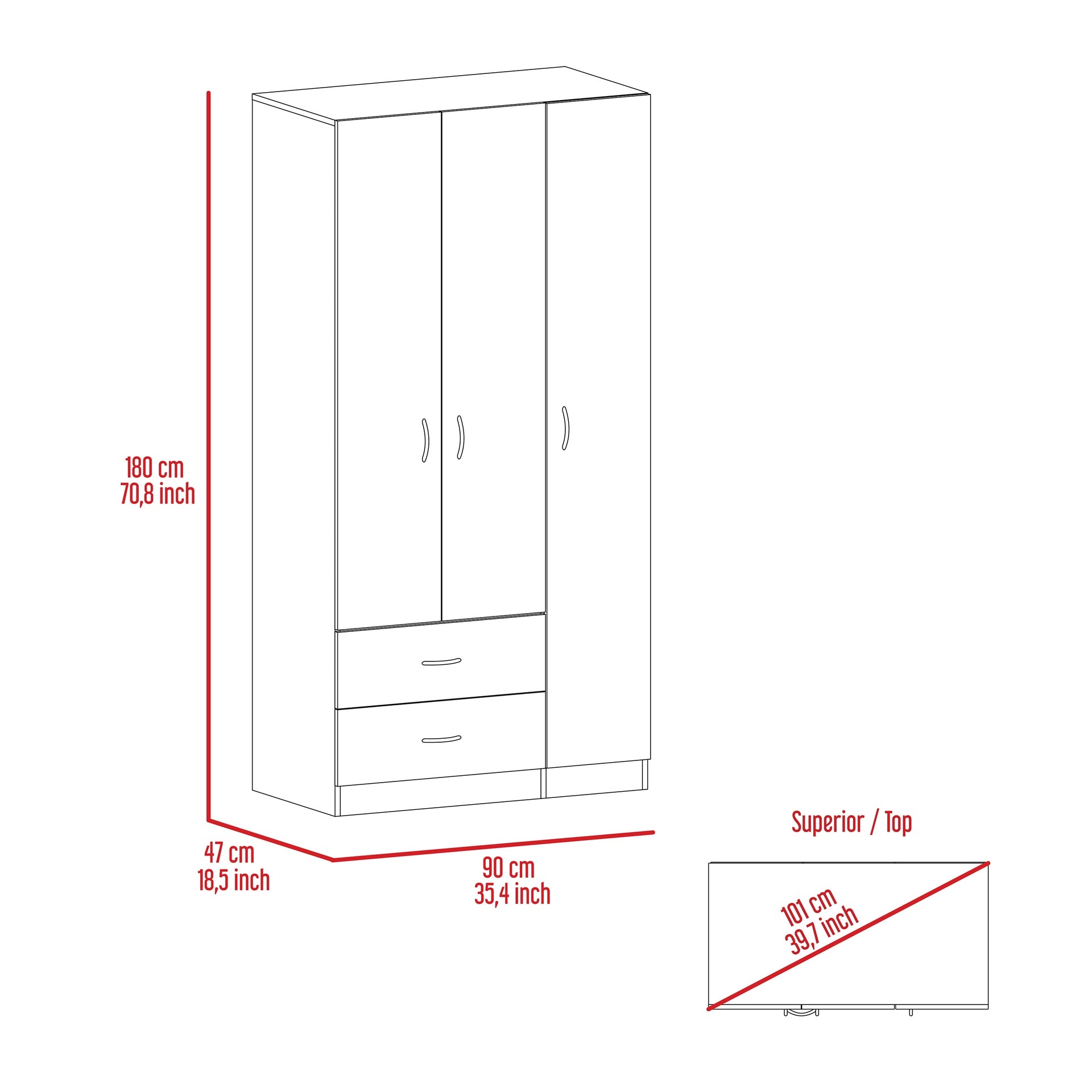 Austral 3 Door Armoire with Two Drawers, Shelves, and Hanging Rod - Smokey Oak . White