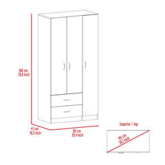 Austral 3 Door Armoire with Two Drawers, Shelves, and Hanging Rod - Smokey Oak . White