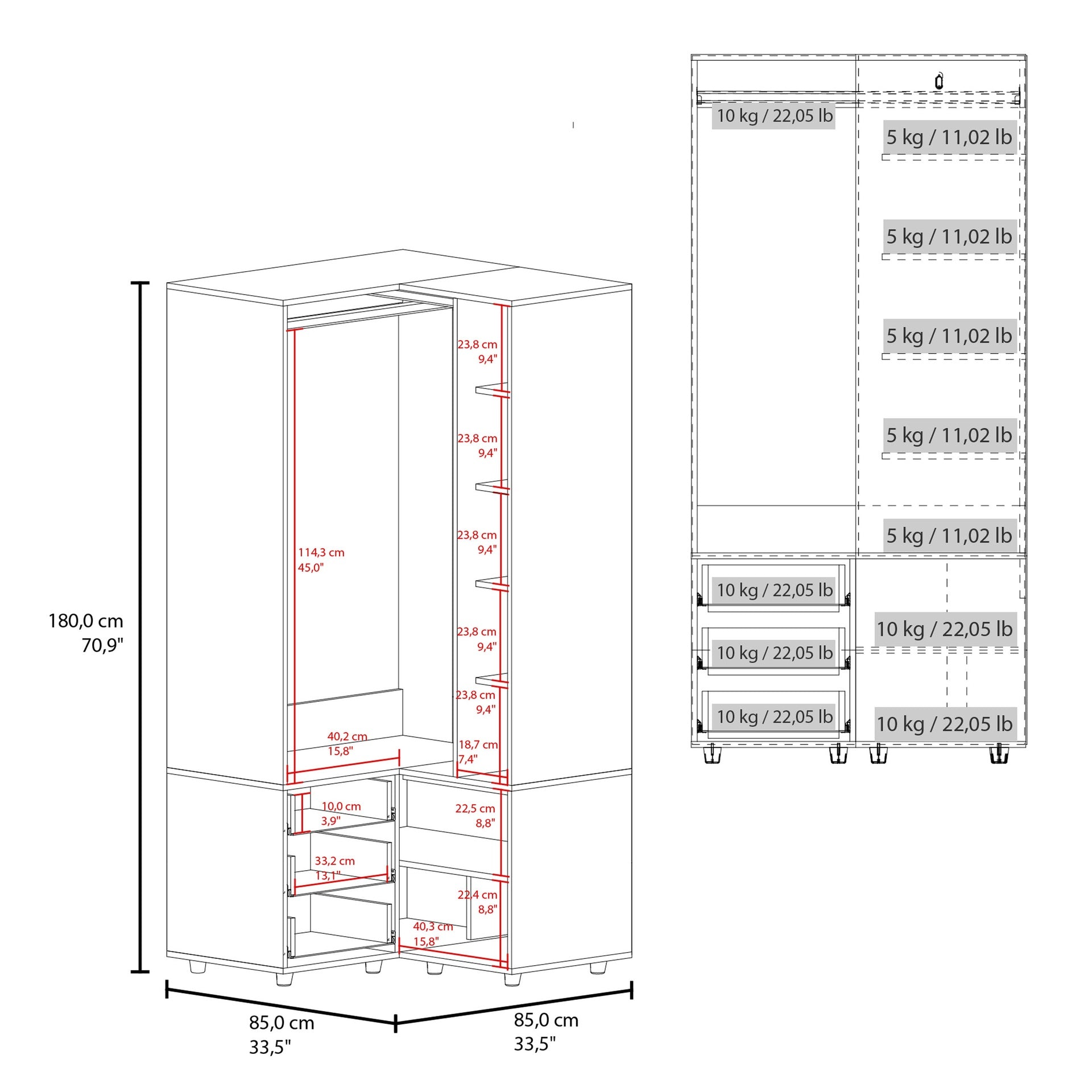 Toulouse Corner Armoire With Double Doors And Interior Shelves, Space-Saving Wardrobe, White