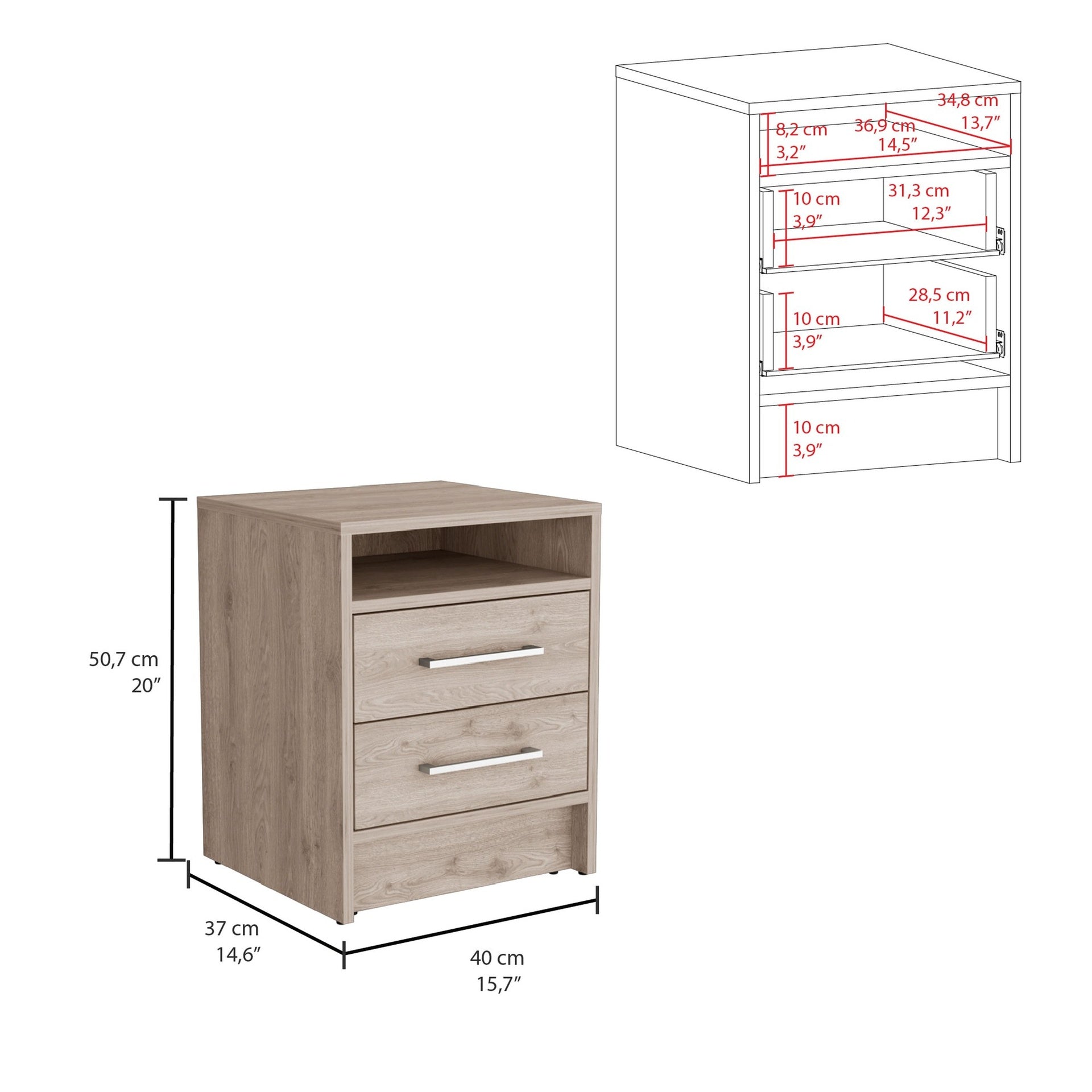Eter Nightstand , End Table, Side Table Superior Top, Two Drawers -Light Gray