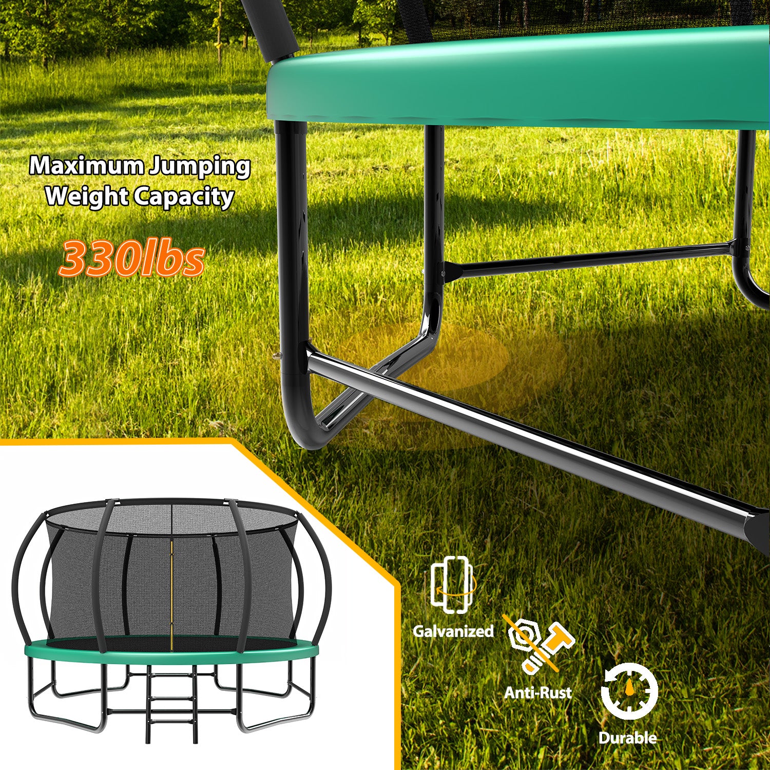14FT Trampoline with Enclosure - Recreational Trampolines with Ladder and AntiRust Coating, ASTM Approval Outdoor Trampoline for Kids