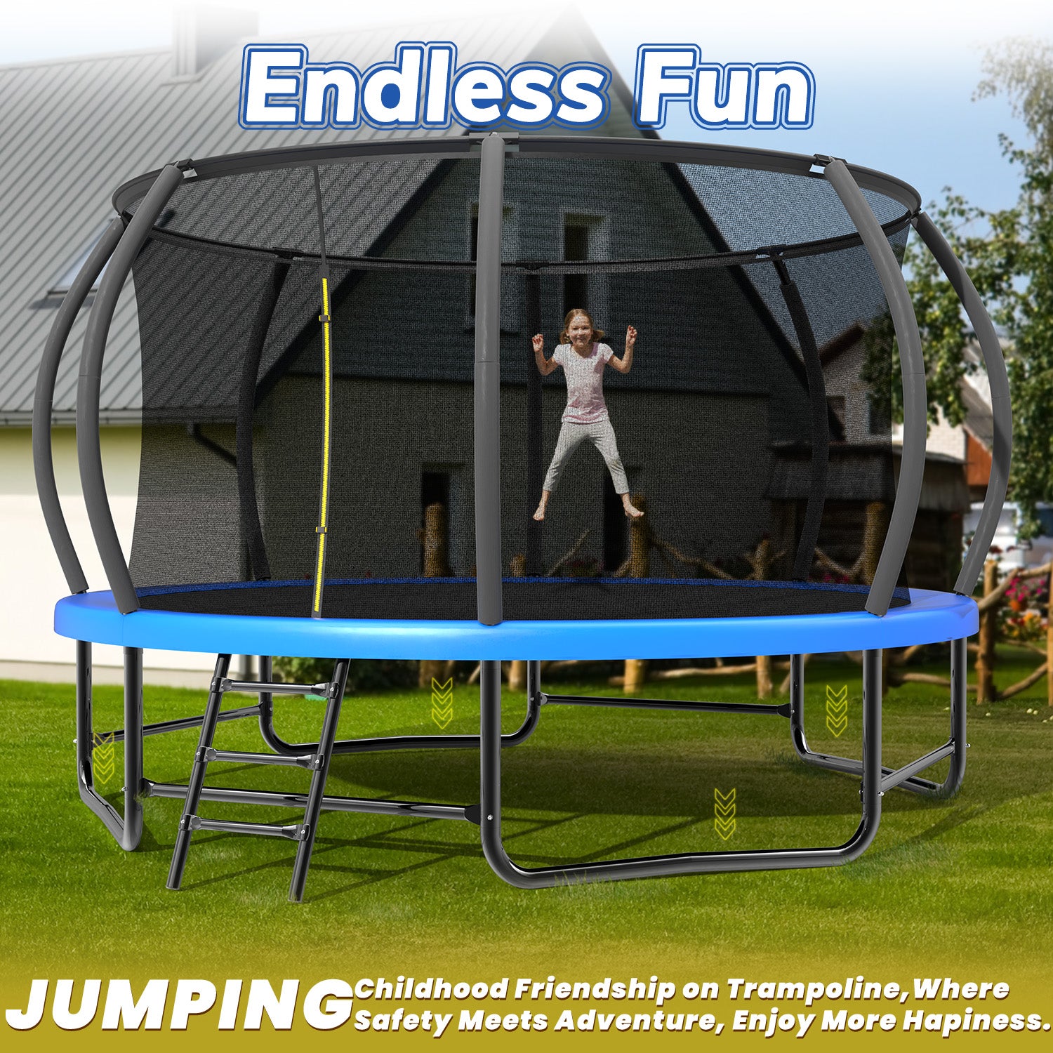 14FT Trampoline with Enclosure - Recreational Trampolines with Ladder and AntiRust Coating, ASTM Approval Outdoor Trampoline for Kids