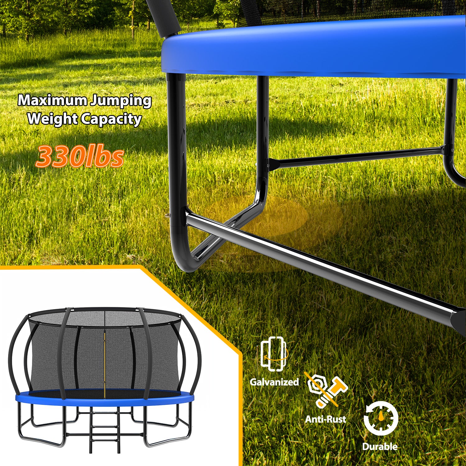 14FT Trampoline with Enclosure - Recreational Trampolines with Ladder and AntiRust Coating, ASTM Approval Outdoor Trampoline for Kids