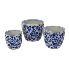 Garden Planter Set of 3, Classical Ceramic Blue White Floral Pattern