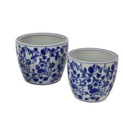 Garden Planter Set of 3, Classical Ceramic Blue White Floral Pattern