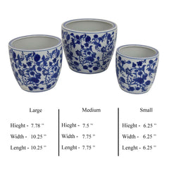 Garden Planter Set of 3, Classical Ceramic Blue White Floral Pattern