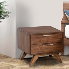 2 Drawer Wooden Nightstand with Metal Bar Handles and Angled Legs, Brown