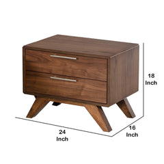 2 Drawer Wooden Nightstand with Metal Bar Handles and Angled Legs, Brown