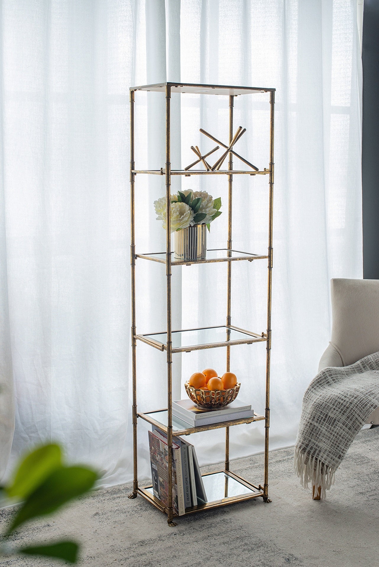 Antique Gold Six Tiered Mirrored Shelving Unit, Perisa Mirror Shelf 20x14x70.5"