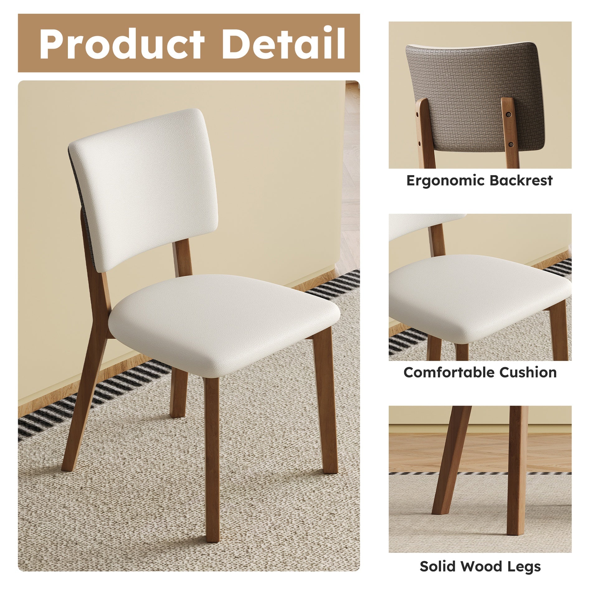 Solid wood dining chair set of 2 pieces, medieval modern wooden-legged dining chair, suitable for dining room, kitchen and living room, comfortable and durable(White + Walnut color)