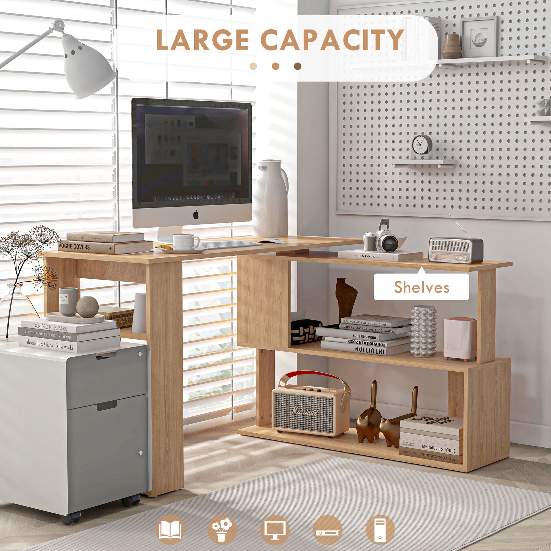 HOMCOM L Shaped Corner Desk, 360 Degree Rotating Home Office Desk with Storage Shelves, Writing Table Workstation, Maple