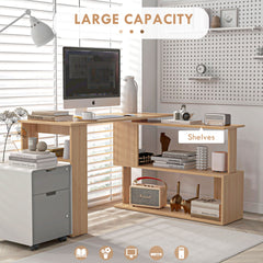 HOMCOM L Shaped Corner Desk, 360 Degree Rotating Home Office Desk with Storage Shelves, Writing Table Workstation, Maple
