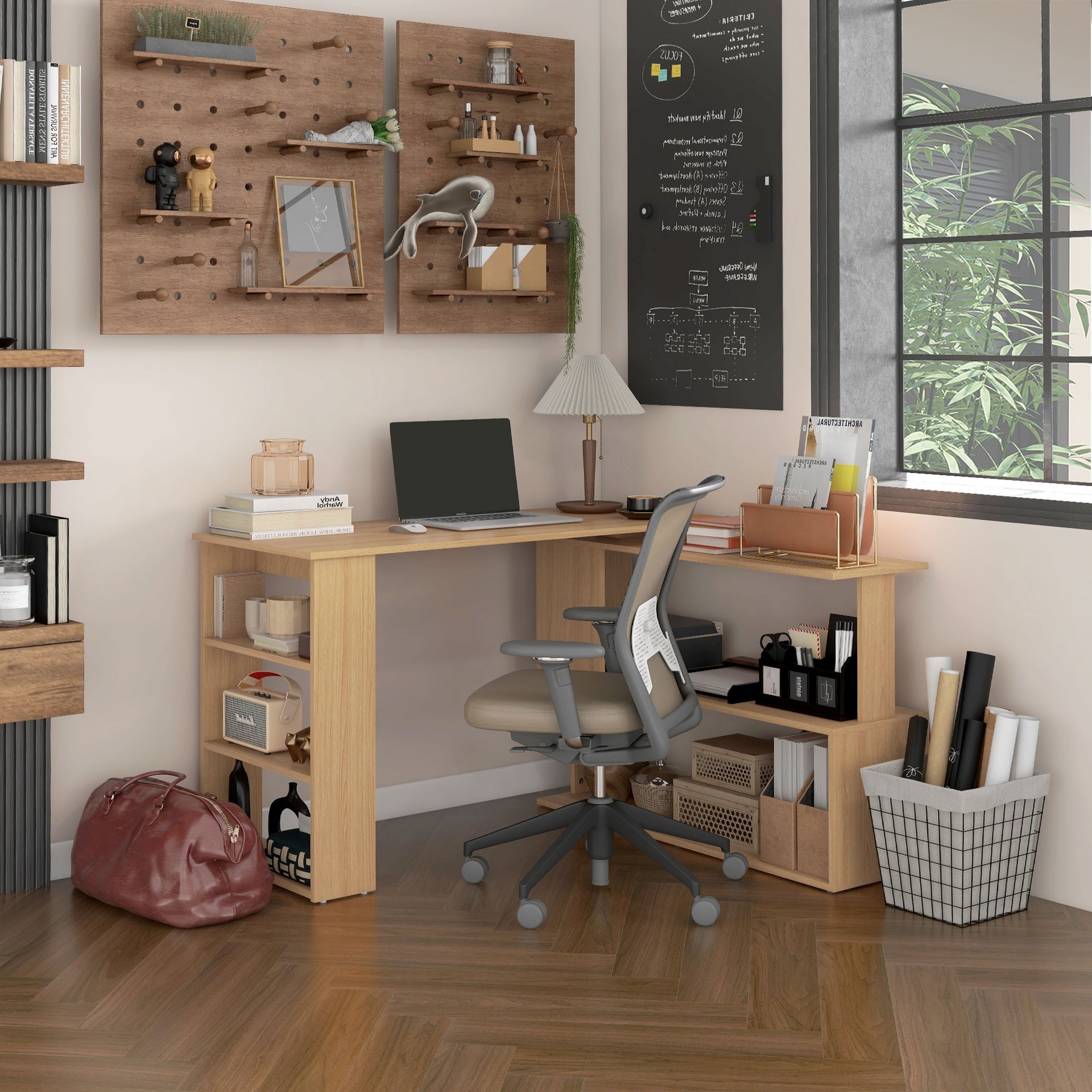 HOMCOM L Shaped Corner Desk, 360 Degree Rotating Home Office Desk with Storage Shelves, Writing Table Workstation, Maple